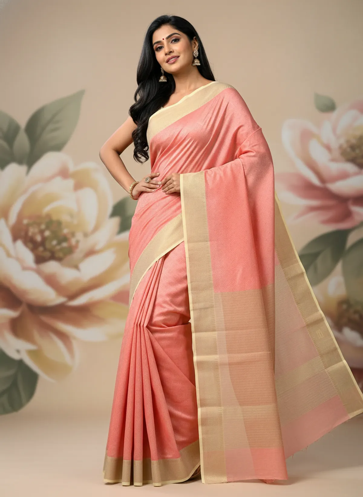 Peach Womens Banarasi Cotton Silk Self Work Saree Contrast Aanchal